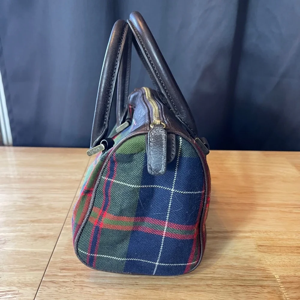 J. Crew Plaid Wool Leather Satchel Bag Green Navy Brown Tartan Doctor Bag